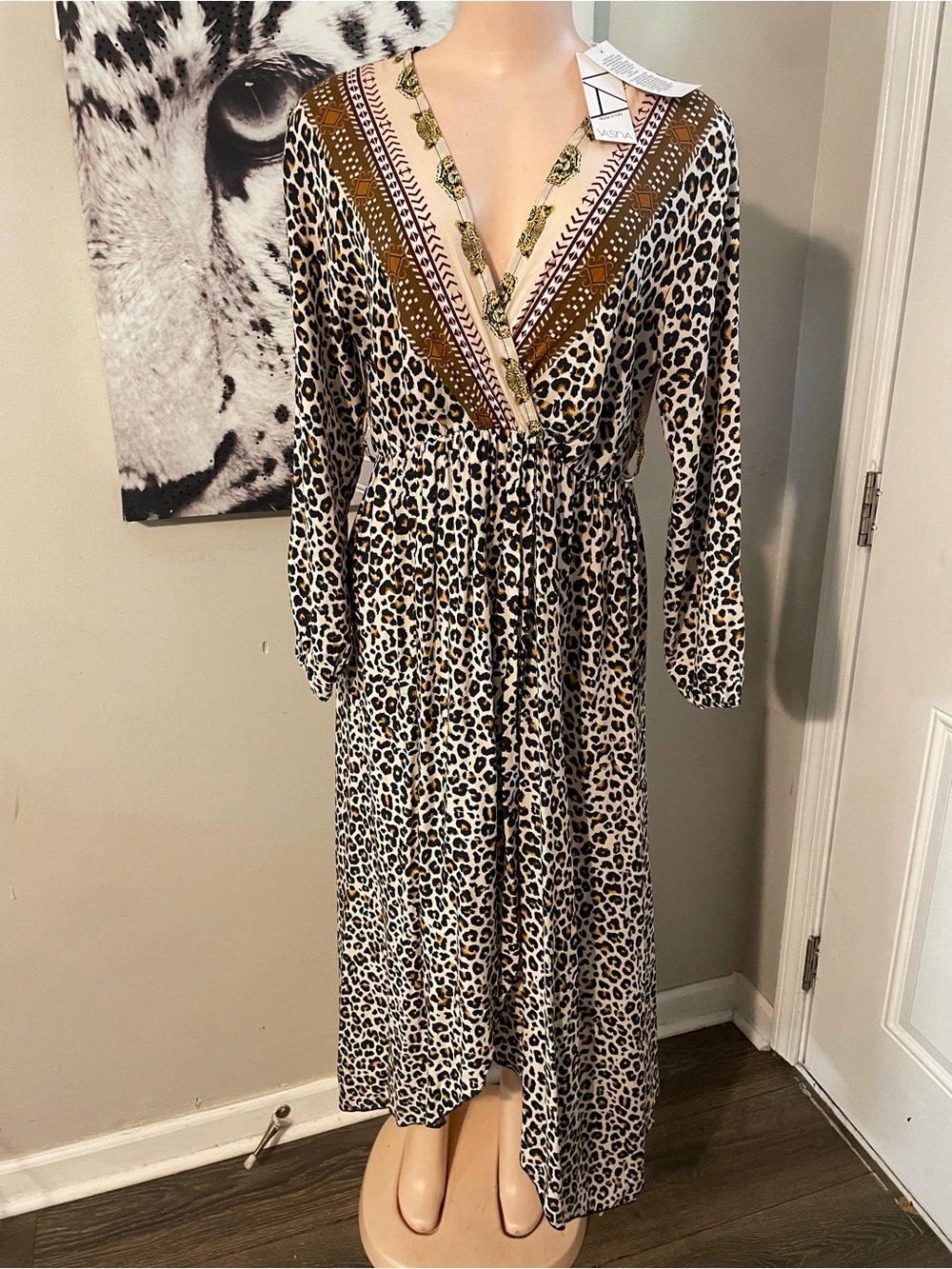 Vasna made in Italy Leopard animal print boho Maxi Dress V-Neck vacation Large